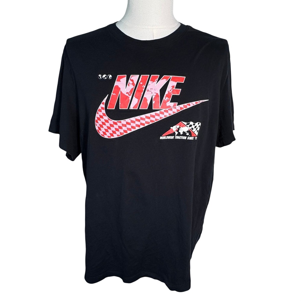 NIKE Men XXL Black Global Racing Tee T-Shirt Worldwide Traction Checkered Swoosh